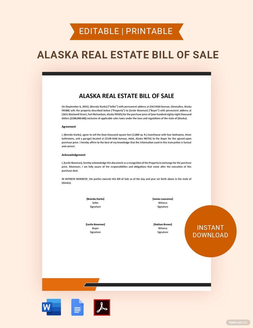 Alaska Real Estate Bill of Sale Template in Word, Google Docs, PDF