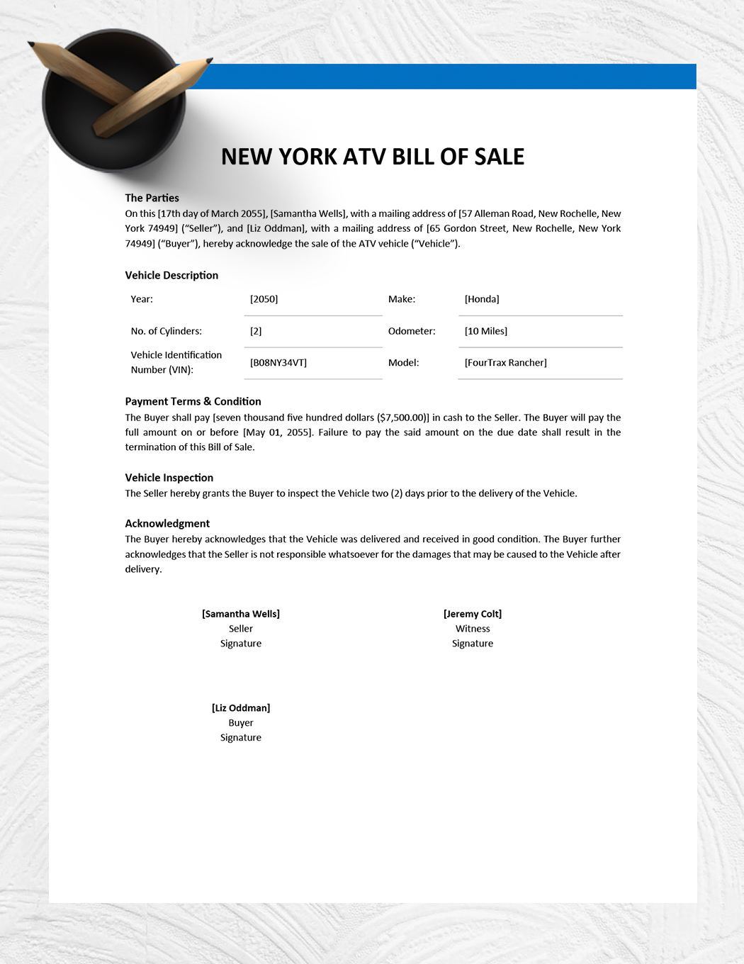 New York ATV Bill of Sale Template
