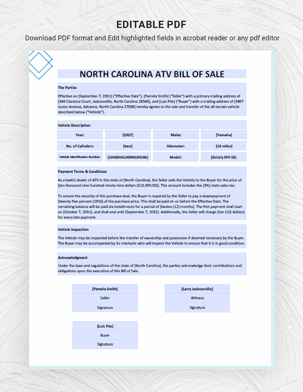 North Carolina ATV Bill of Sale Template
