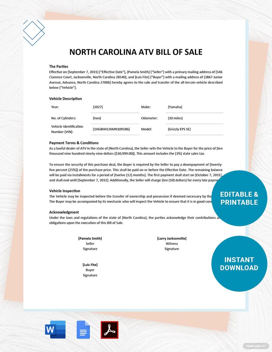 North Carolina ATV Bill of Sale Template