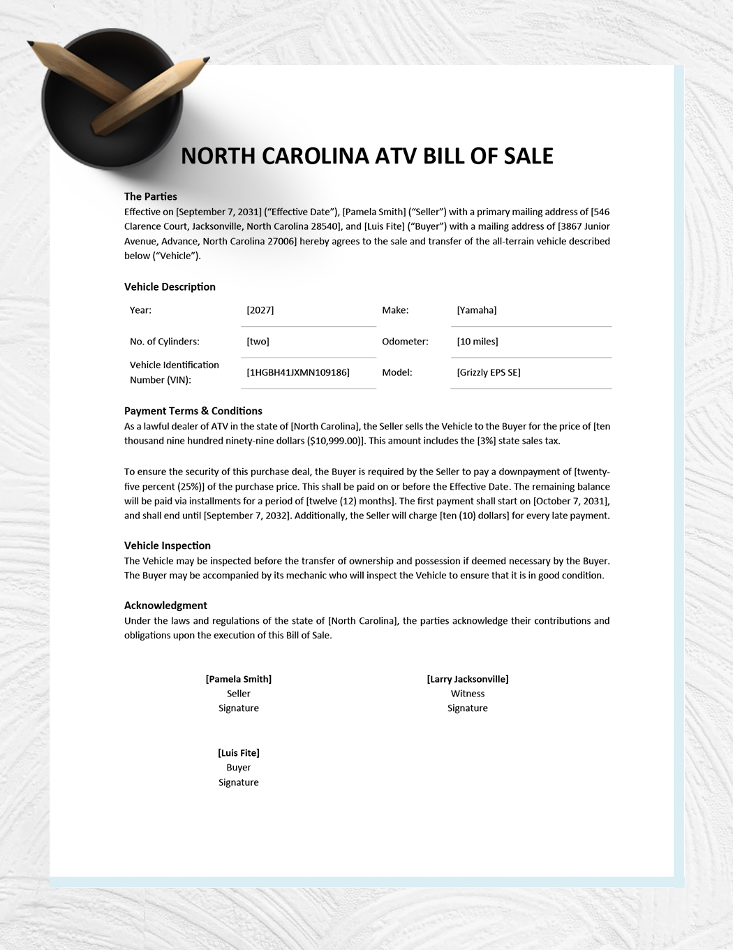 North Carolina ATV Bill of Sale Template Download in Word, Google