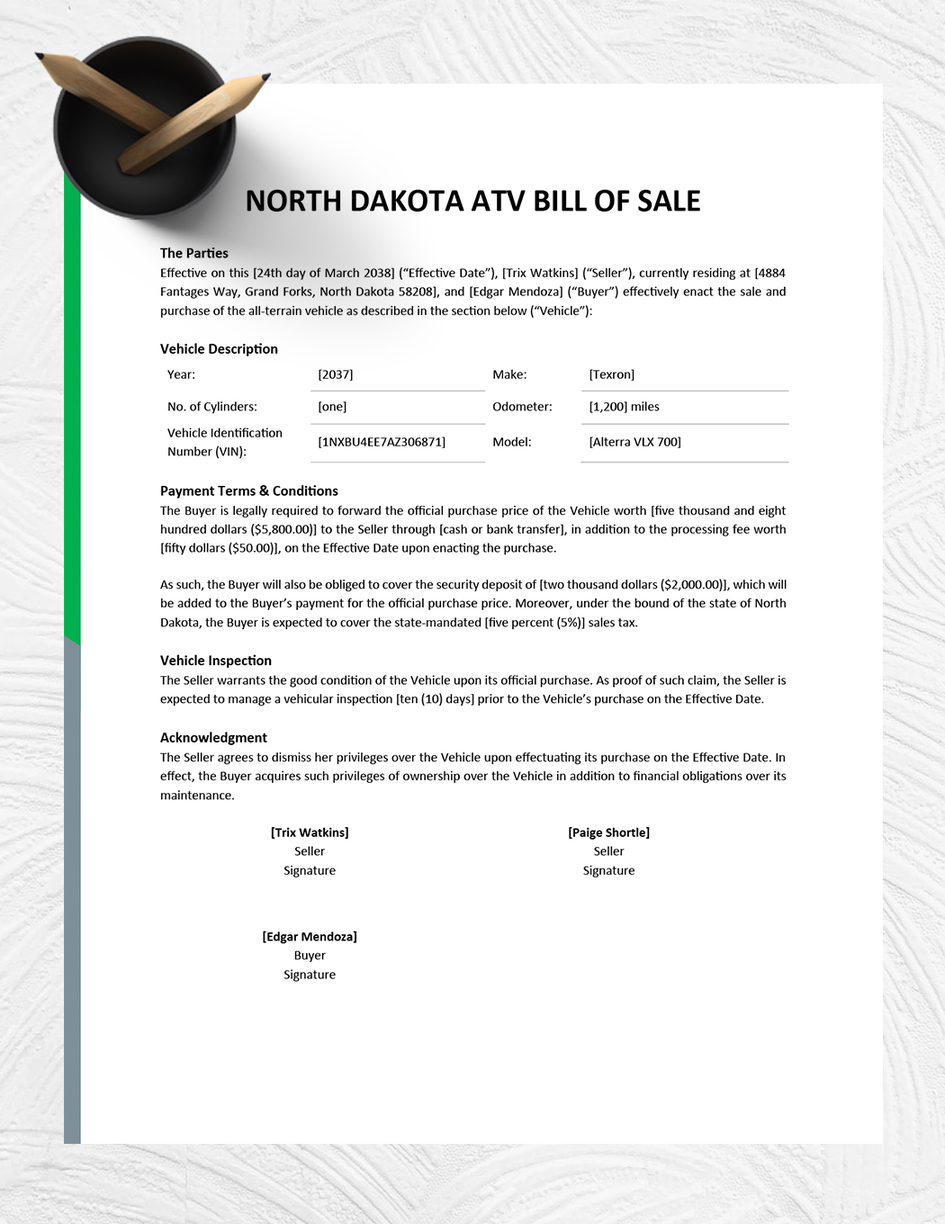 North Dakota ATV Bill of Sale Template