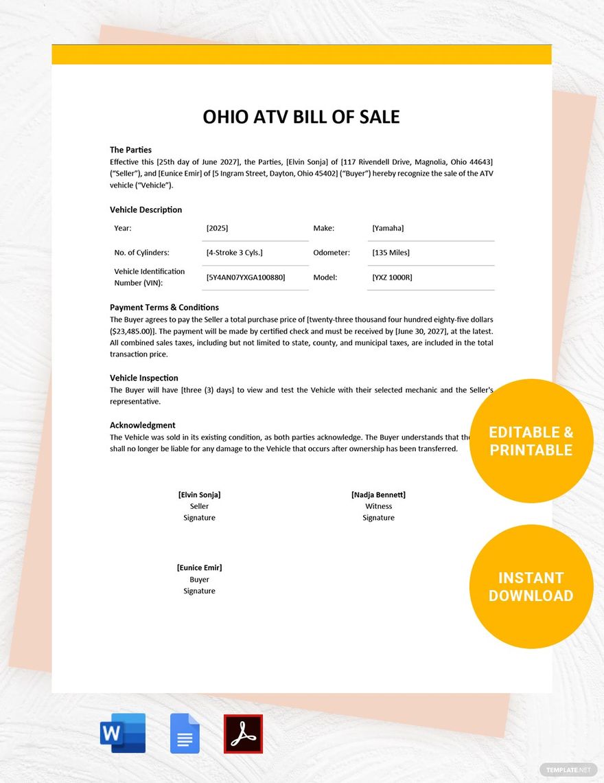 Ohio ATV Bill of Sale Template