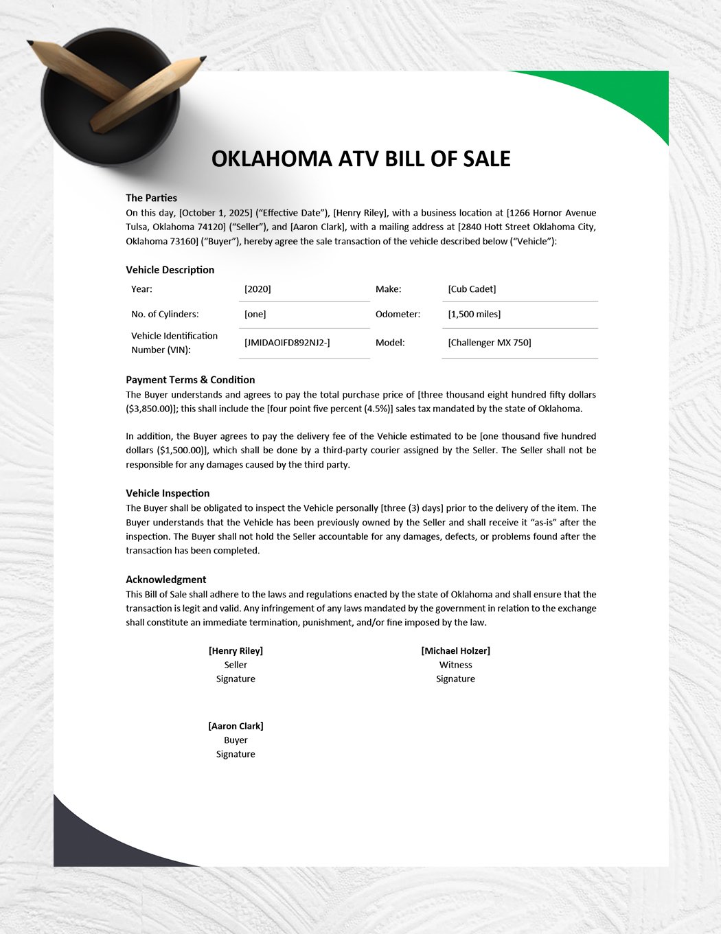Oklahoma ATV Bill of Sale Form Template