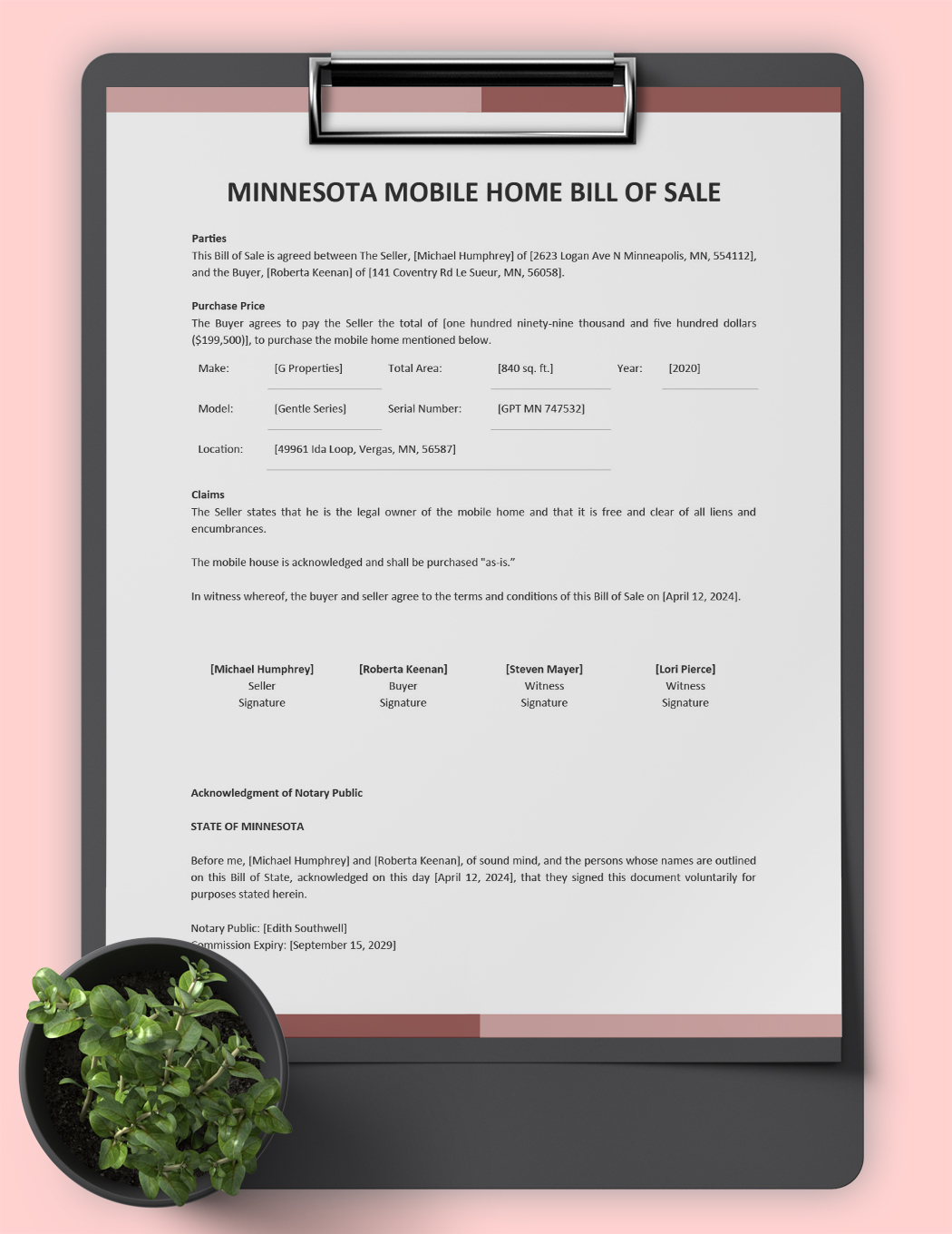 Minnesota Mobile Home Bill of Sale Form Template