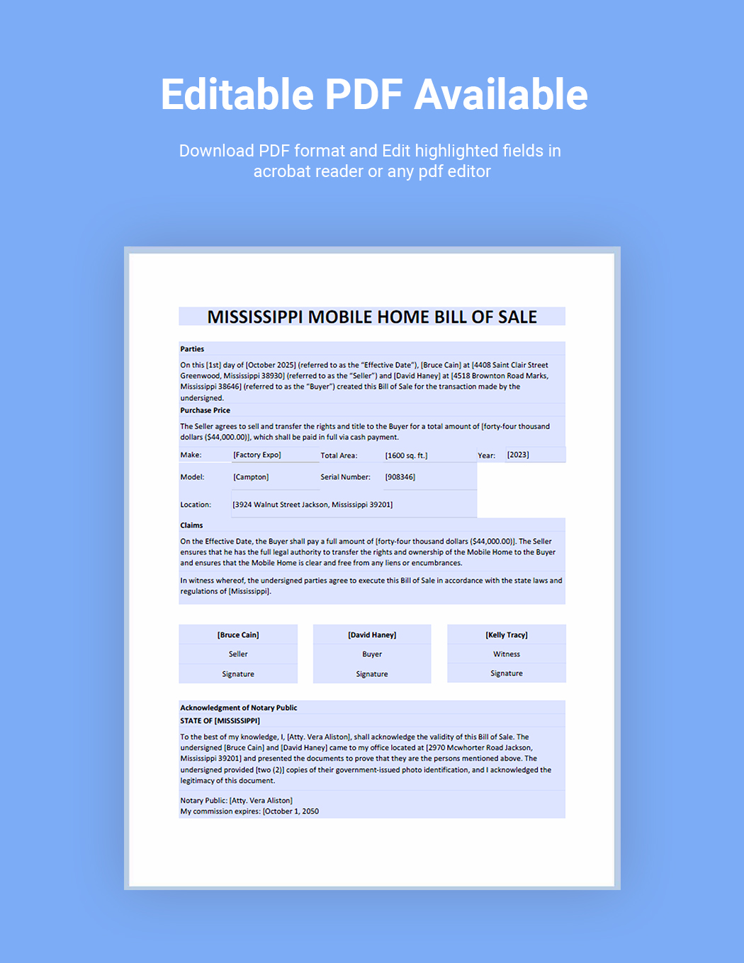 Mississippi Mobile Home Bill of Sale Template
