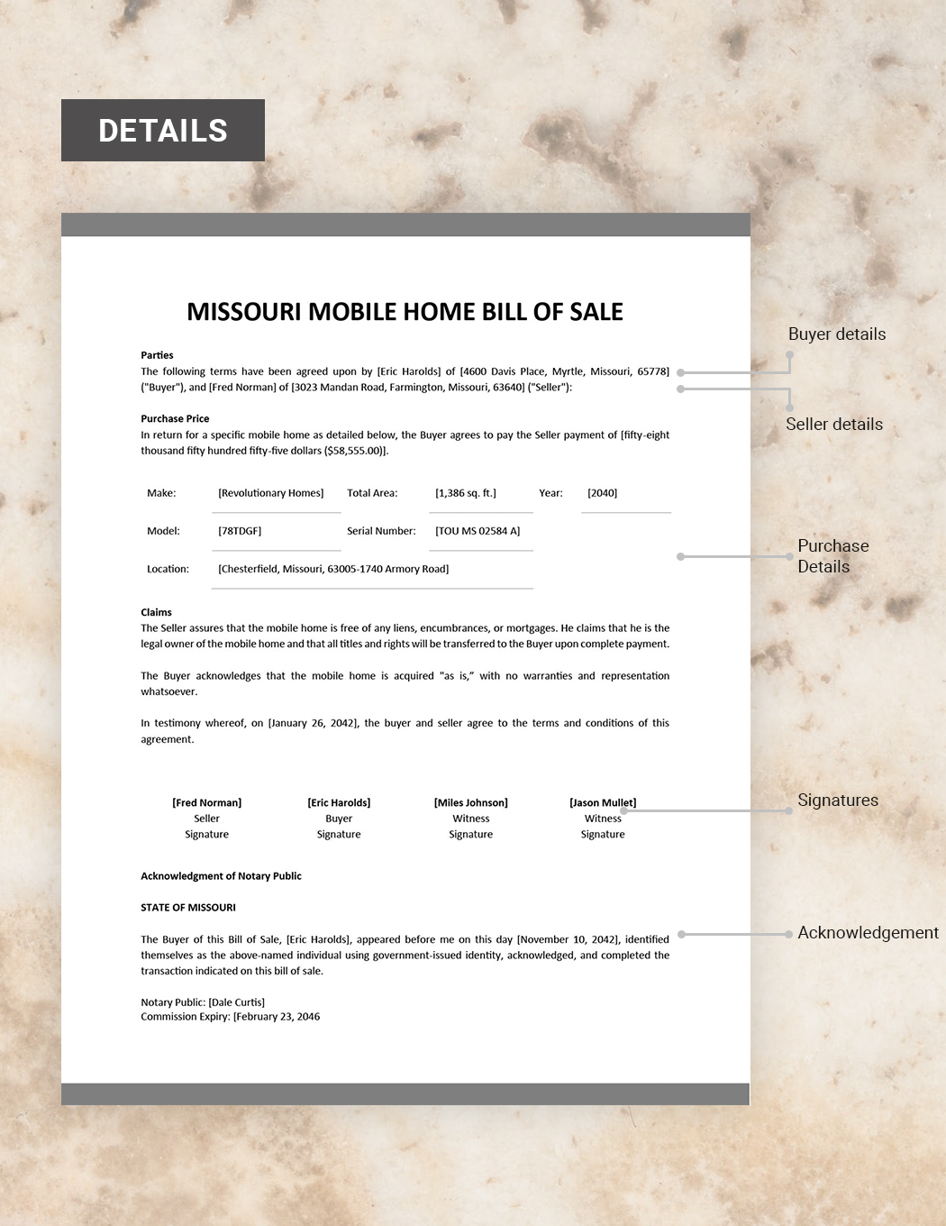 Missouri Mobile Home Bill of Sale Template
