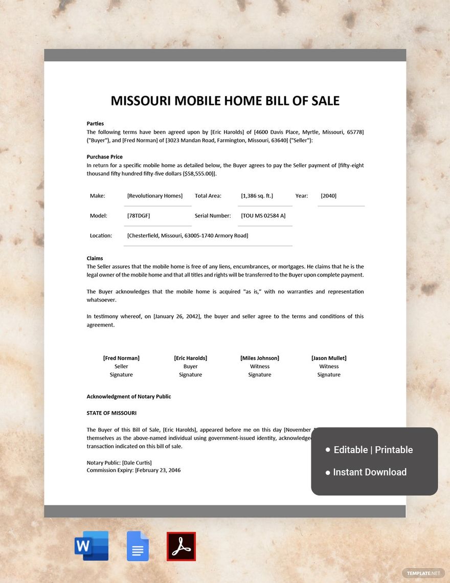 Missouri Mobile Home Bill of Sale Template