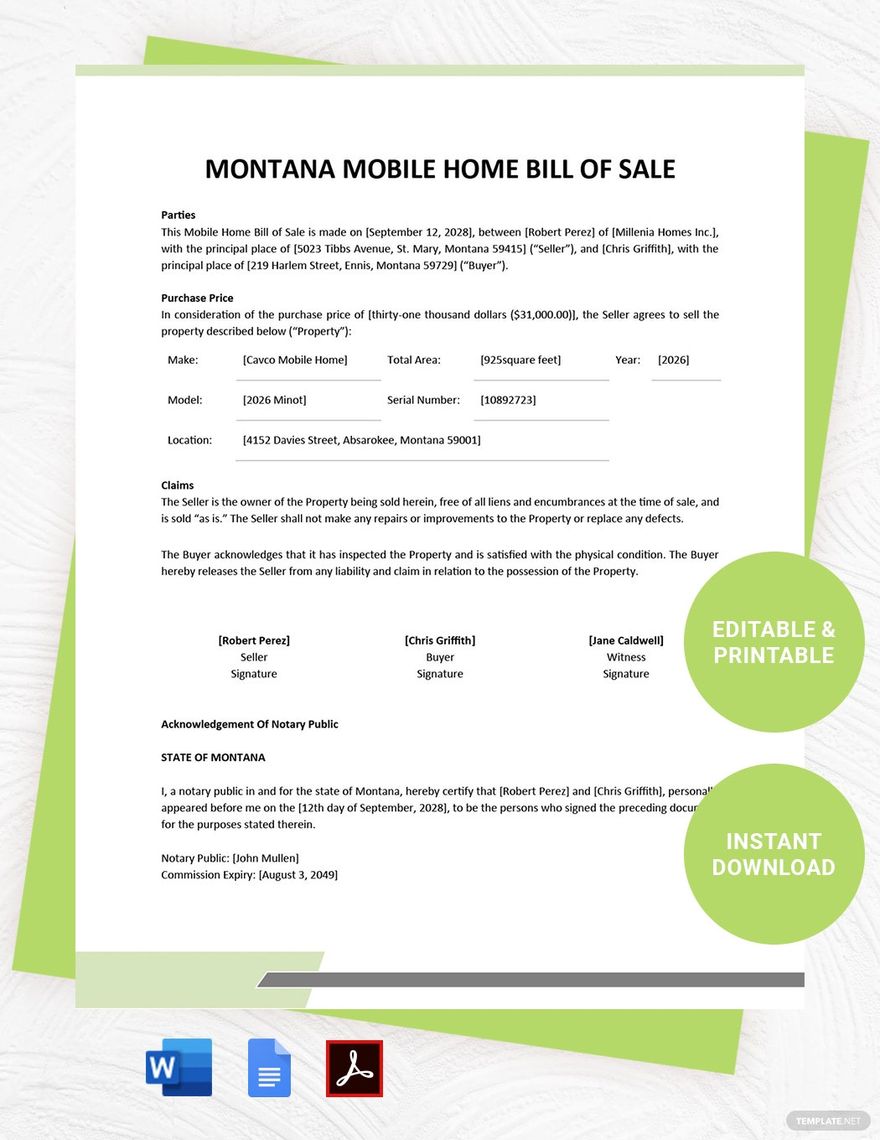 Montana Mobile Home Bill of Sale Template