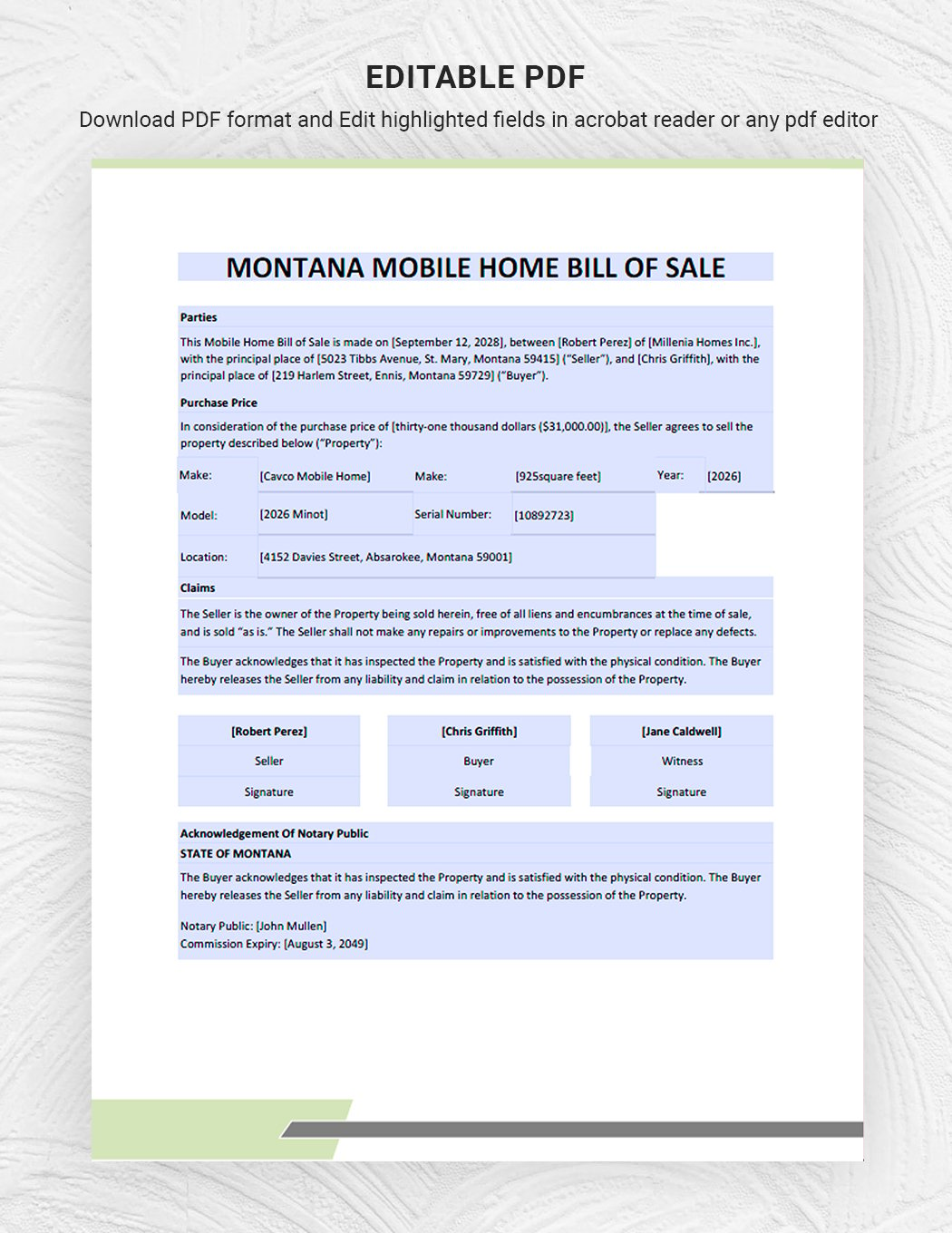 Montana Mobile Home Bill of Sale Template