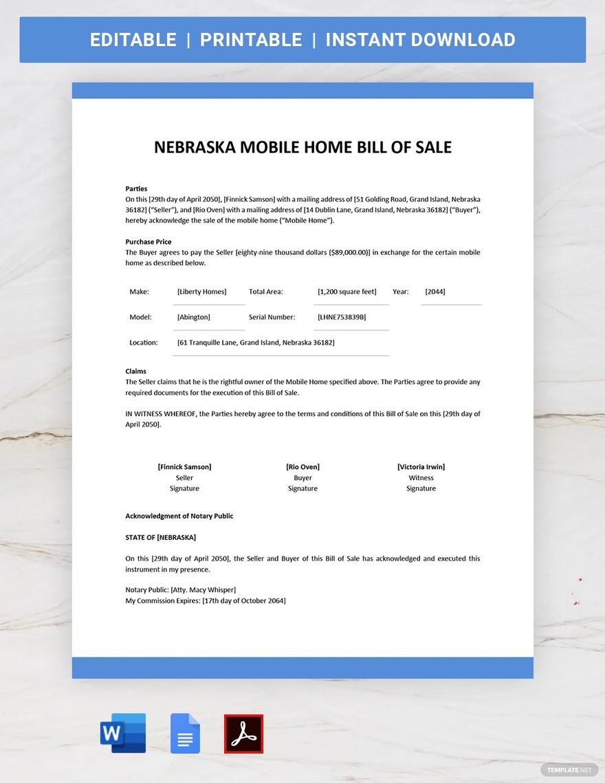 Nebraska Mobile Home Bill of Sale Form Template