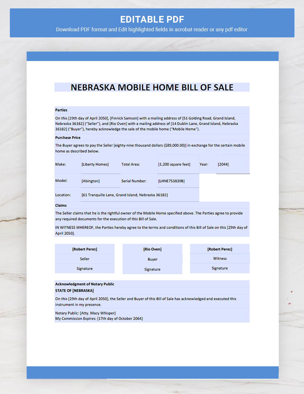 Nebraska Mobile Home Bill of Sale Form Template