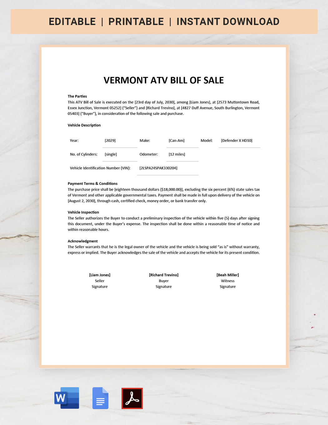 Vermont ATV Bill of Sale Template Front
