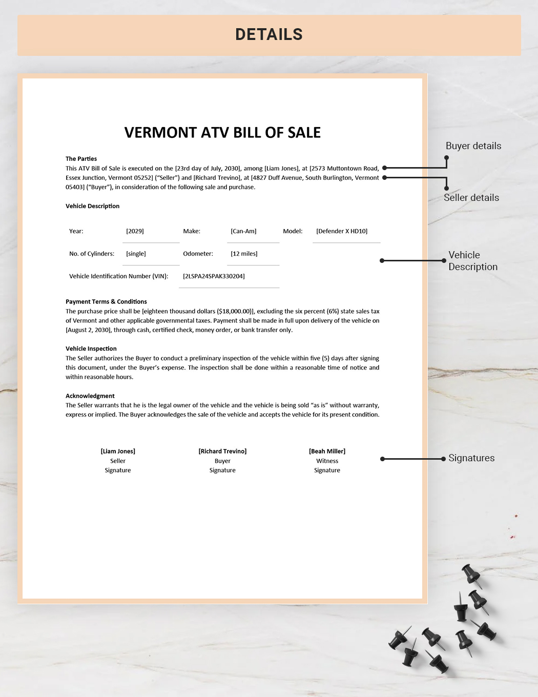Vermont ATV Bill of Sale Template Details