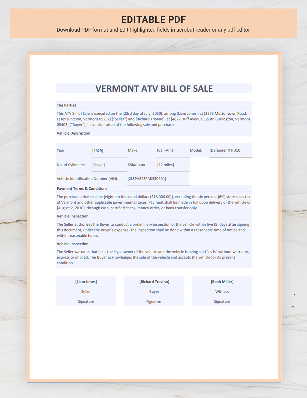 Vermont ATV Bill of Sale Template