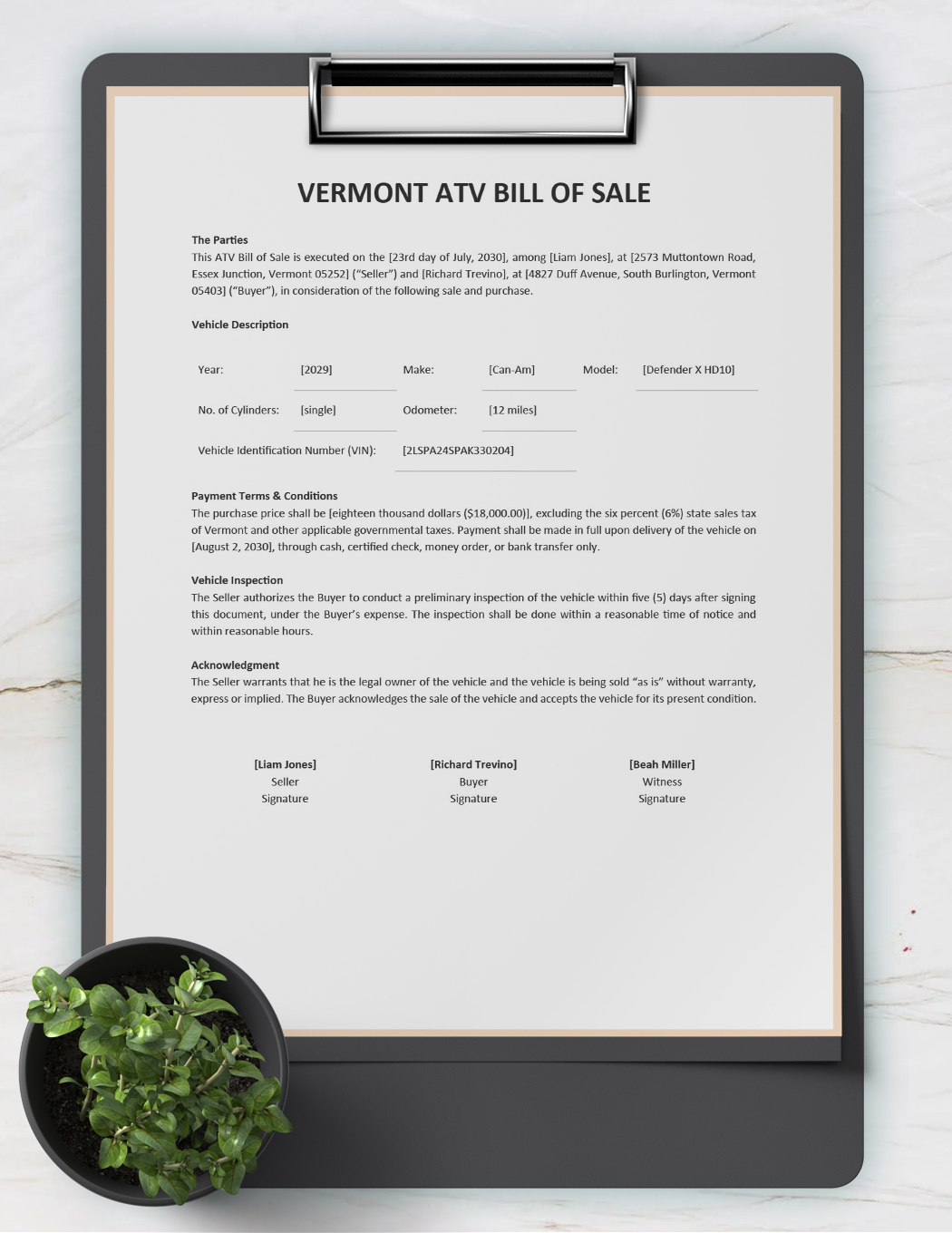 Vermont ATV Bill of Sale Template