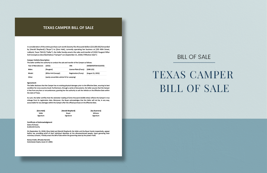 Texas Camper Bill Of Sale Template in Word, Google Docs, PDF