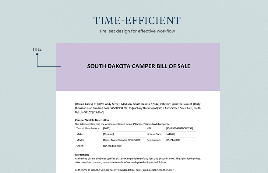 South Dakota Camper Bill Of Sale Template