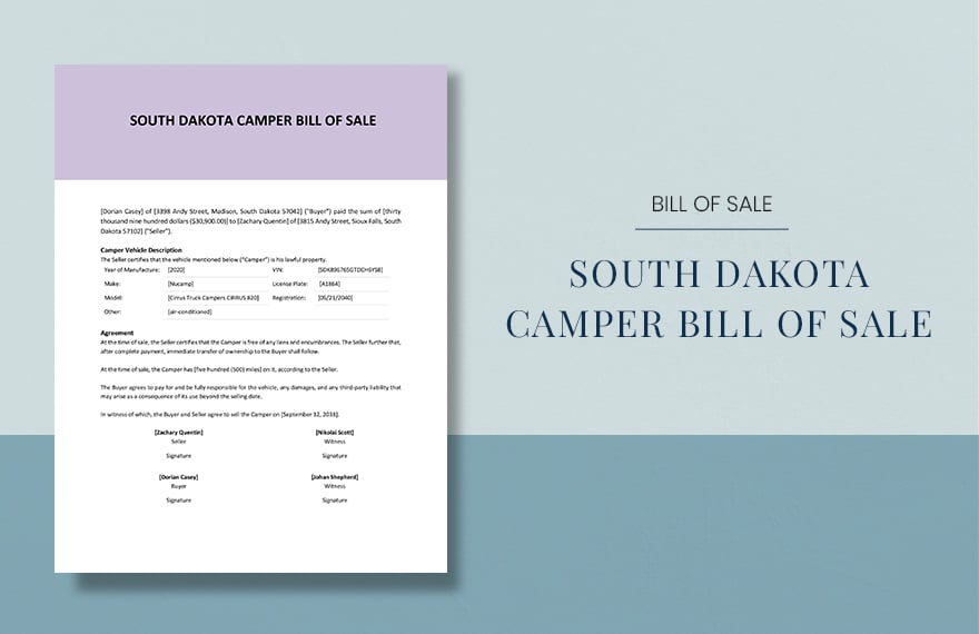 South Dakota Camper Bill Of Sale Template in Word, Google Docs, PDF, Apple Pages