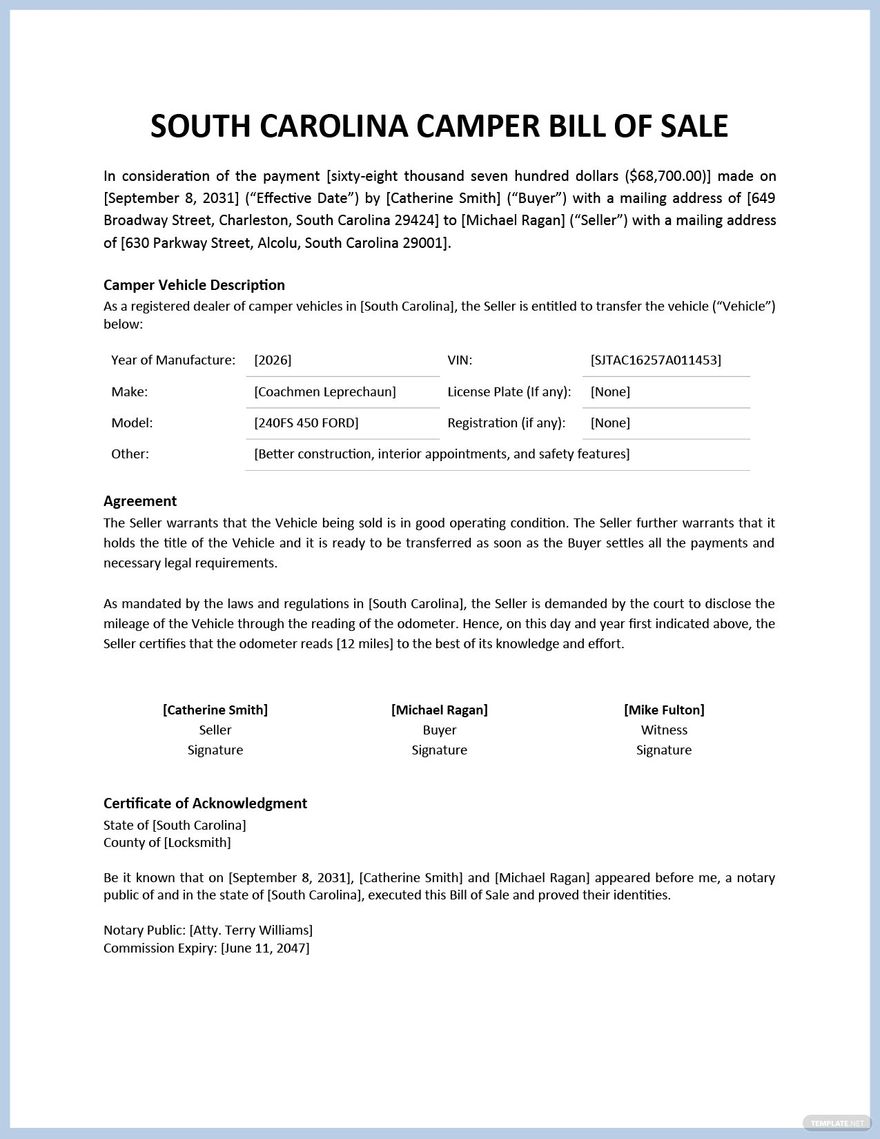 South Carolina Camper Bill Of Sale Template Google Docs Word PDF