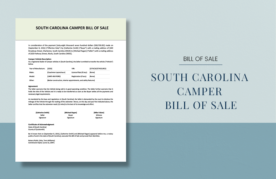 South Carolina Camper Bill Of Sale Template