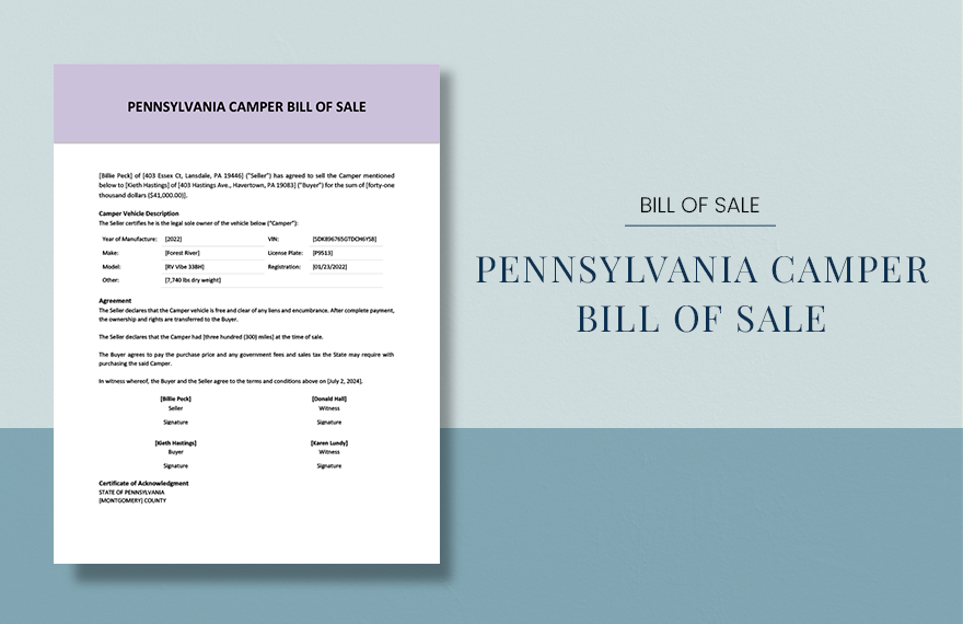 Pennsylvania Camper Bill Of Sale Template in Word, Google Docs, PDF