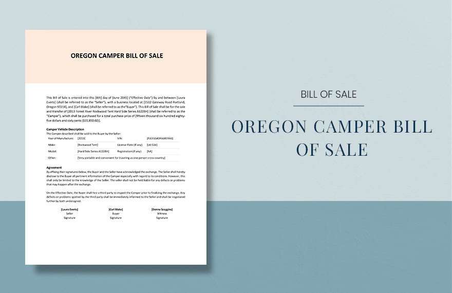 Oregon Camper Bill Of Sale Form Template