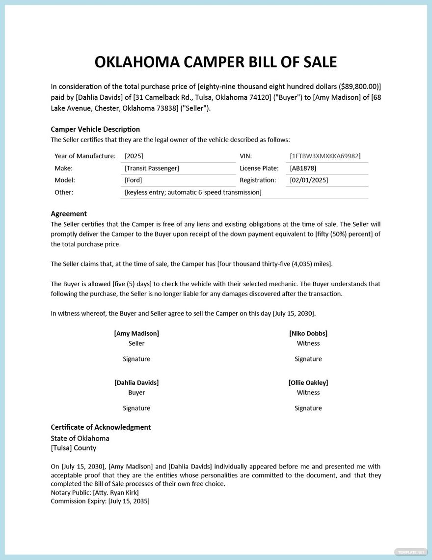 Free Oklahoma Bill of Sale For Car Form Template Google Docs, Word, PDF