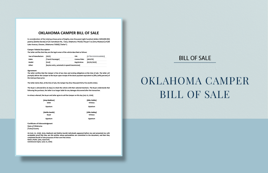 Oklahoma Camper Bill Of Sale Template