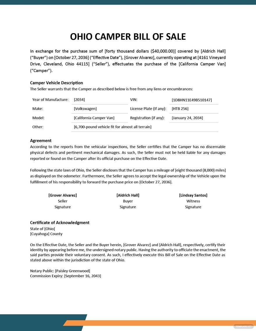 Ohio Camper Bill Of Sale Template Google Docs Word PDF Template