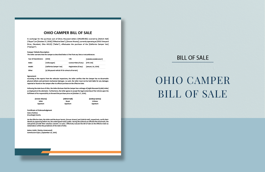 Ohio Camper Bill Of Sale Template