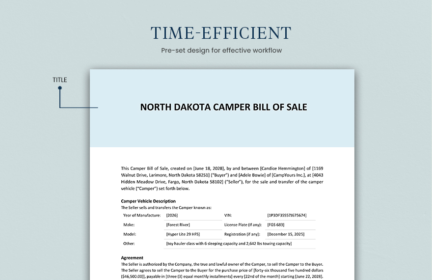 North Dakota Camper Bill Of Sale Template