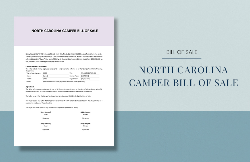 North Carolina Camper Bill Of Sale Template in Word, Google Docs, PDF, Apple Pages