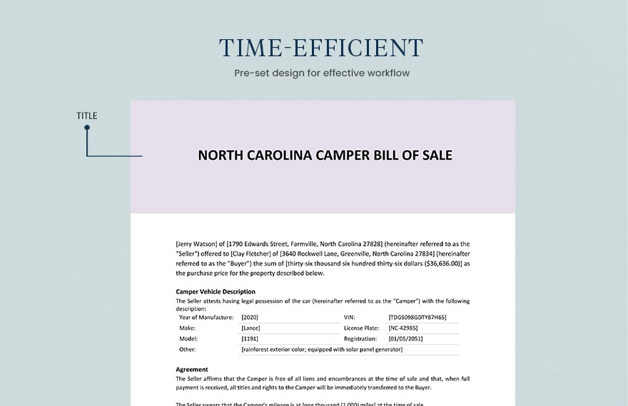 North Carolina Camper Bill Of Sale Template
