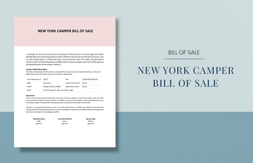 New York Camper Bill Of Sale Template