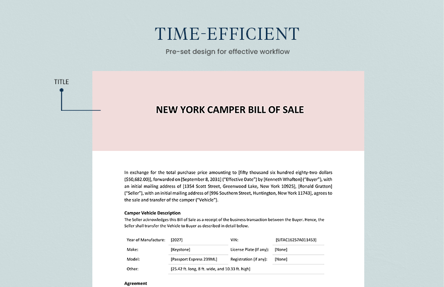 New York Camper Bill Of Sale Template