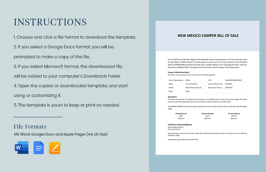 New Mexico Camper Bill Of Sale Template