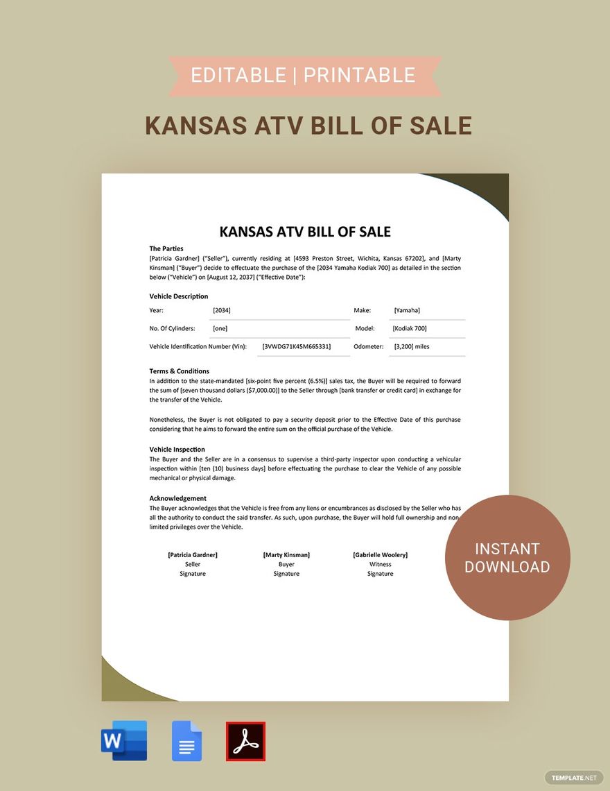 Kansas ATV Bill Of Sale Template