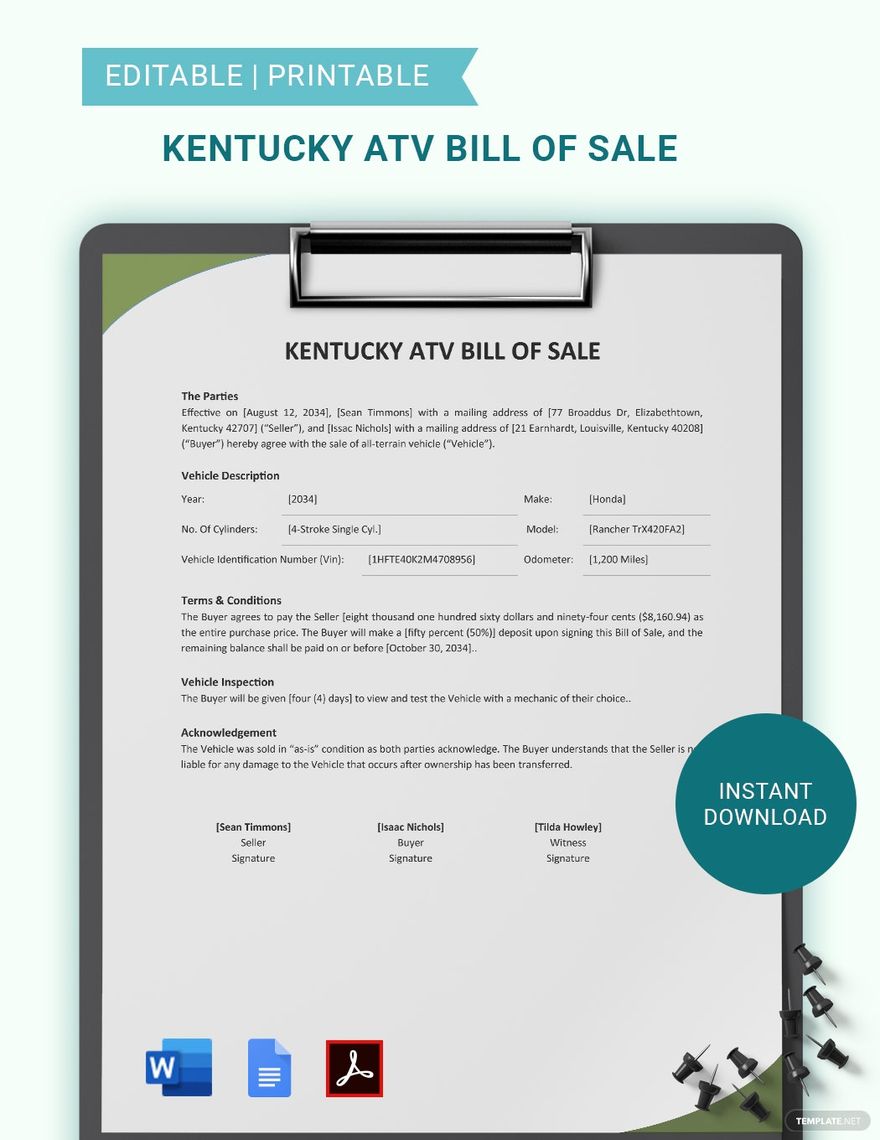 Kentucky ATV Bill Of Sale Template