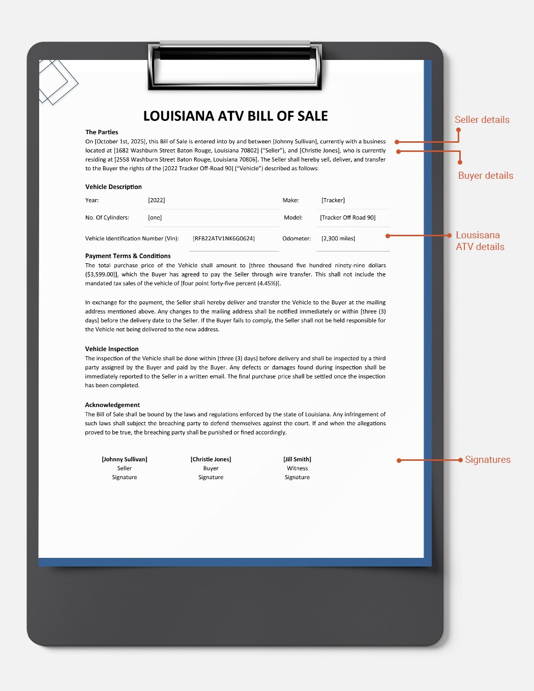 Louisiana ATV Bill Of Sale Template