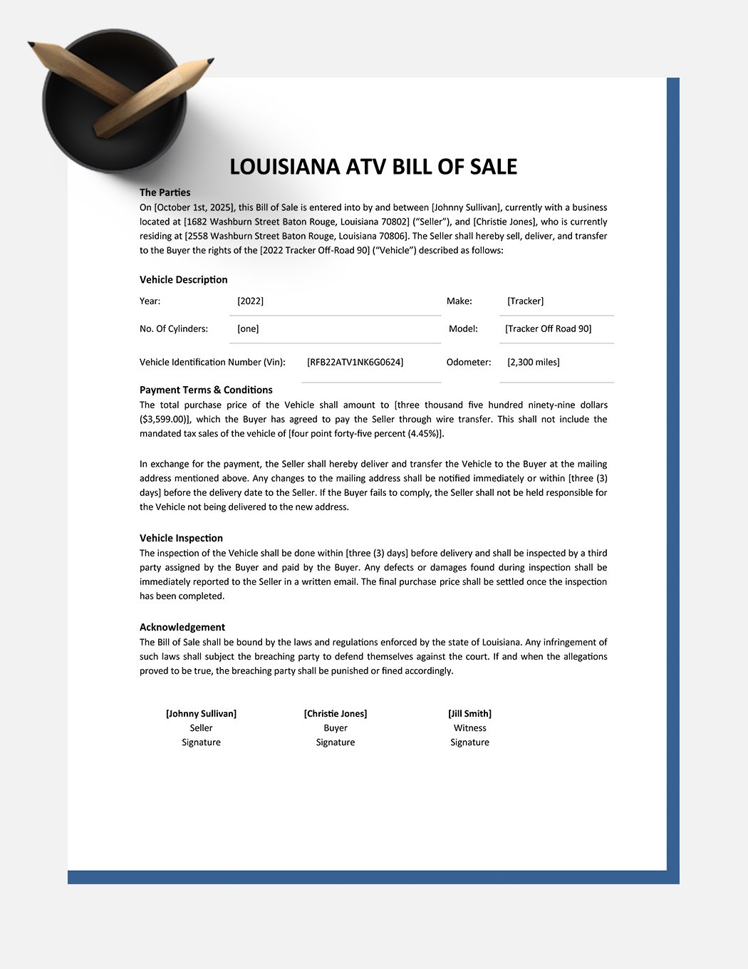 Louisiana ATV Bill Of Sale Template
