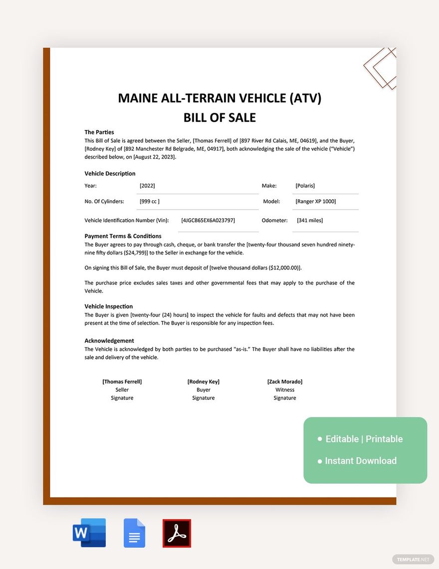 Maine ATV Bill Of Sale Form Template