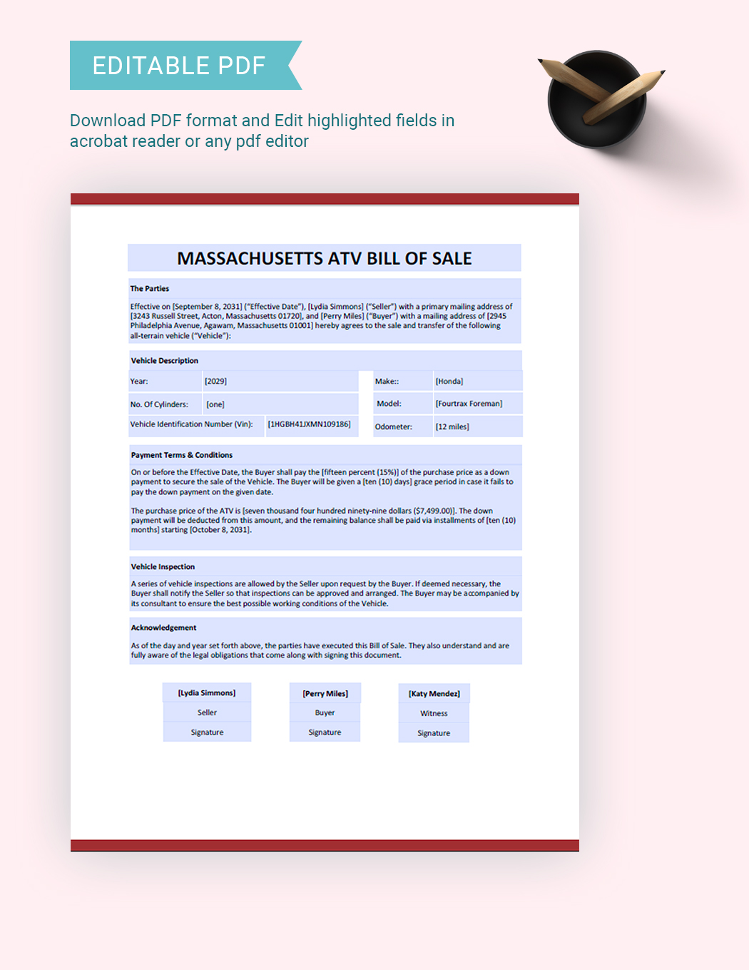 Massachusetts ATV Bill Of Sale Template