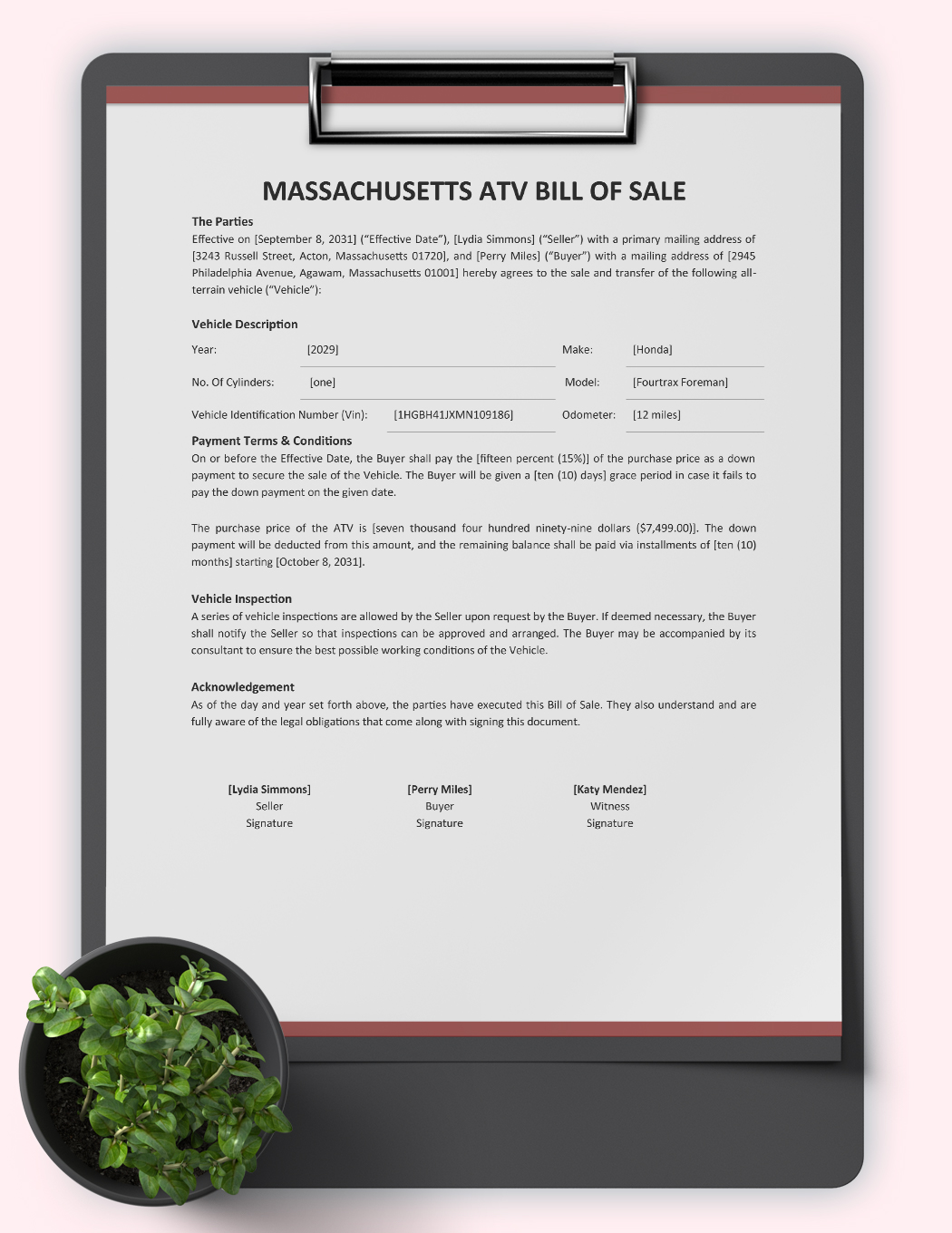 Massachusetts ATV Bill Of Sale Template