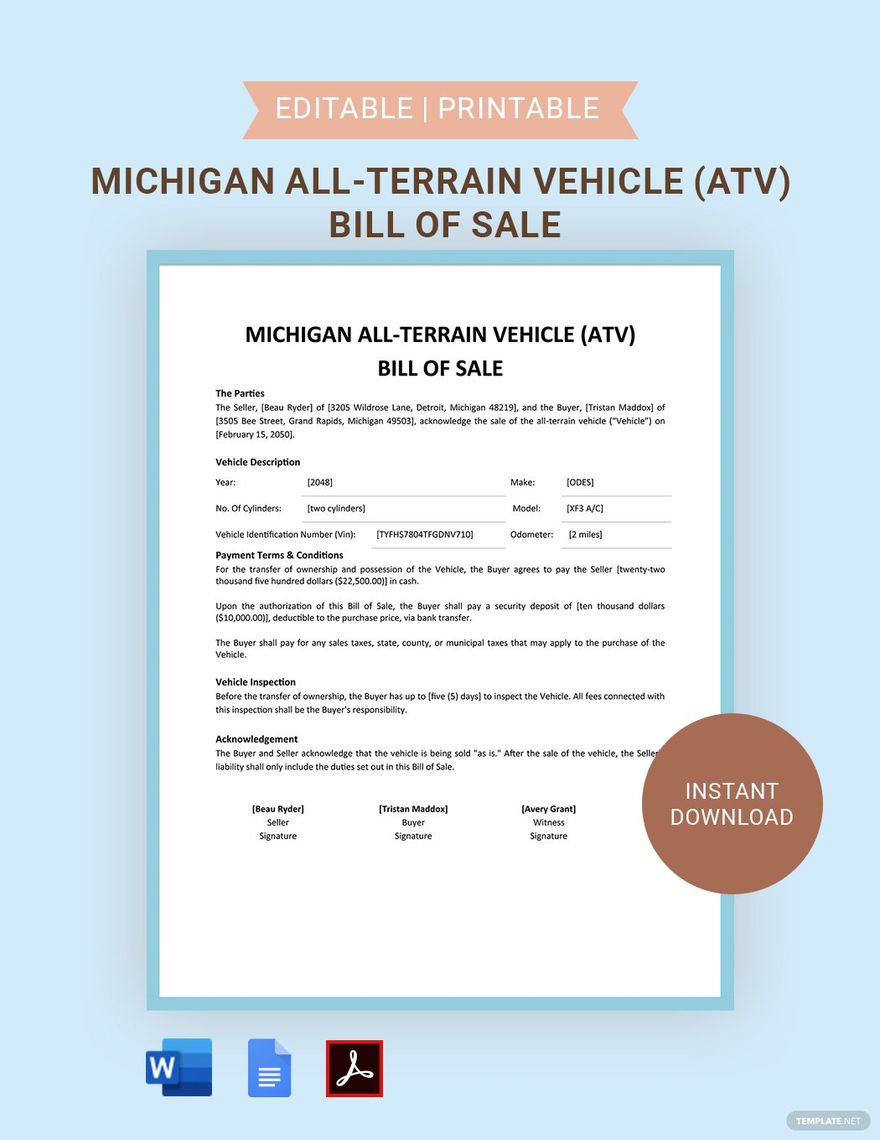 Michigan ATV Bill Of Sale Template