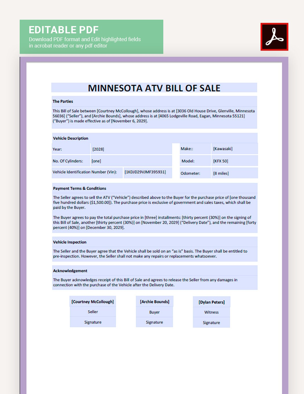 Minnesota ATV Bill Of Sale Template