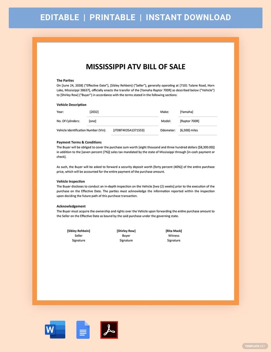 Mississippi ATV Bill Of Sale Template