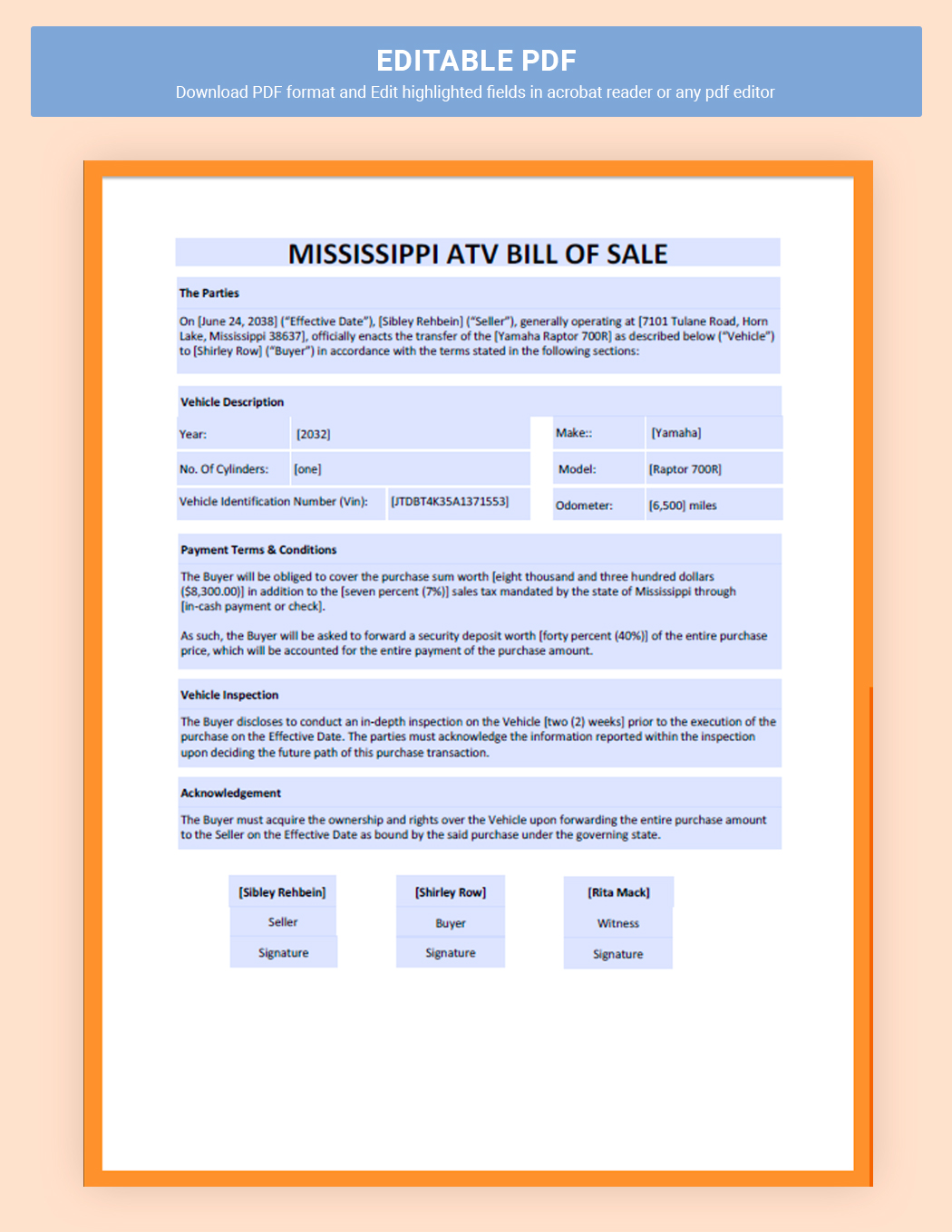 Mississippi ATV Bill Of Sale Template