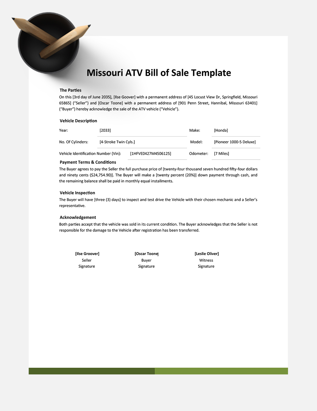 Missouri ATV Bill Of Sale Template