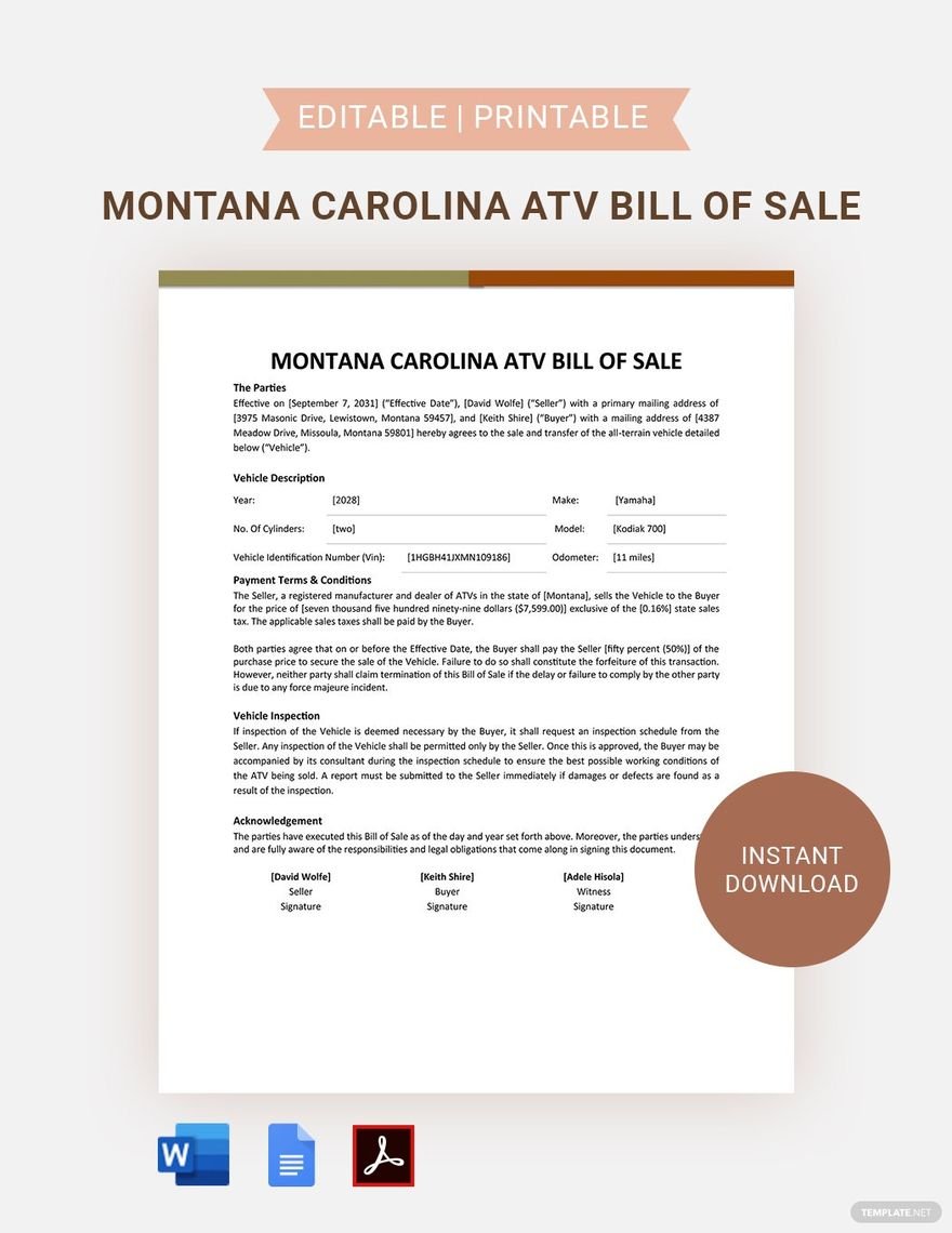 Montana ATV Bill Of Sale Form Template